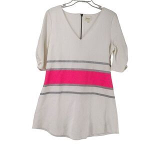 Anthropologie Mini Dress Deletta White Pink Silver Ruched Size L V Neck Stretch